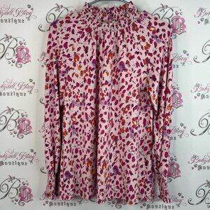 Kim & co long sleeve smocked detail Pink Leopard Print Women's Top